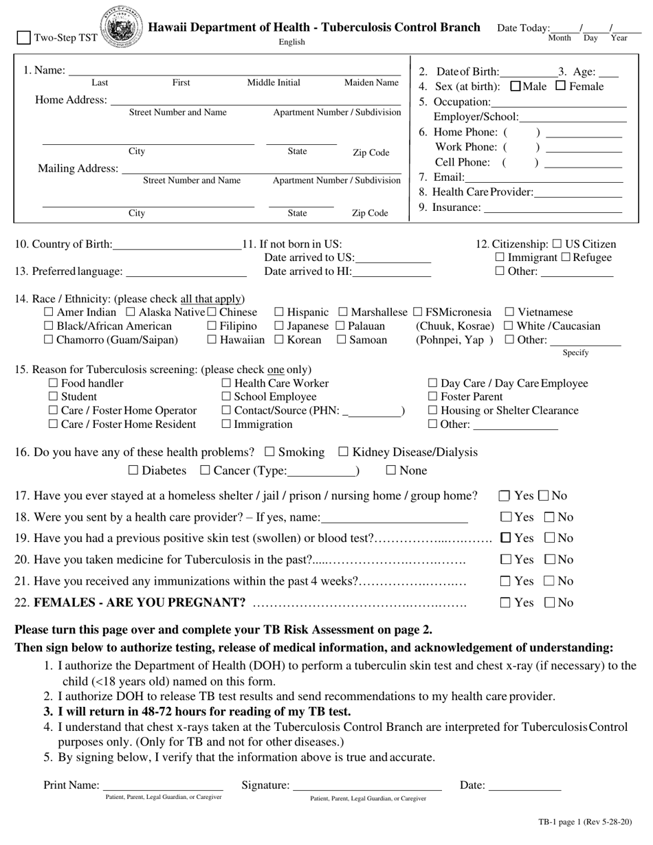 Form TB-1 Registration Form - Hawaii, Page 1
