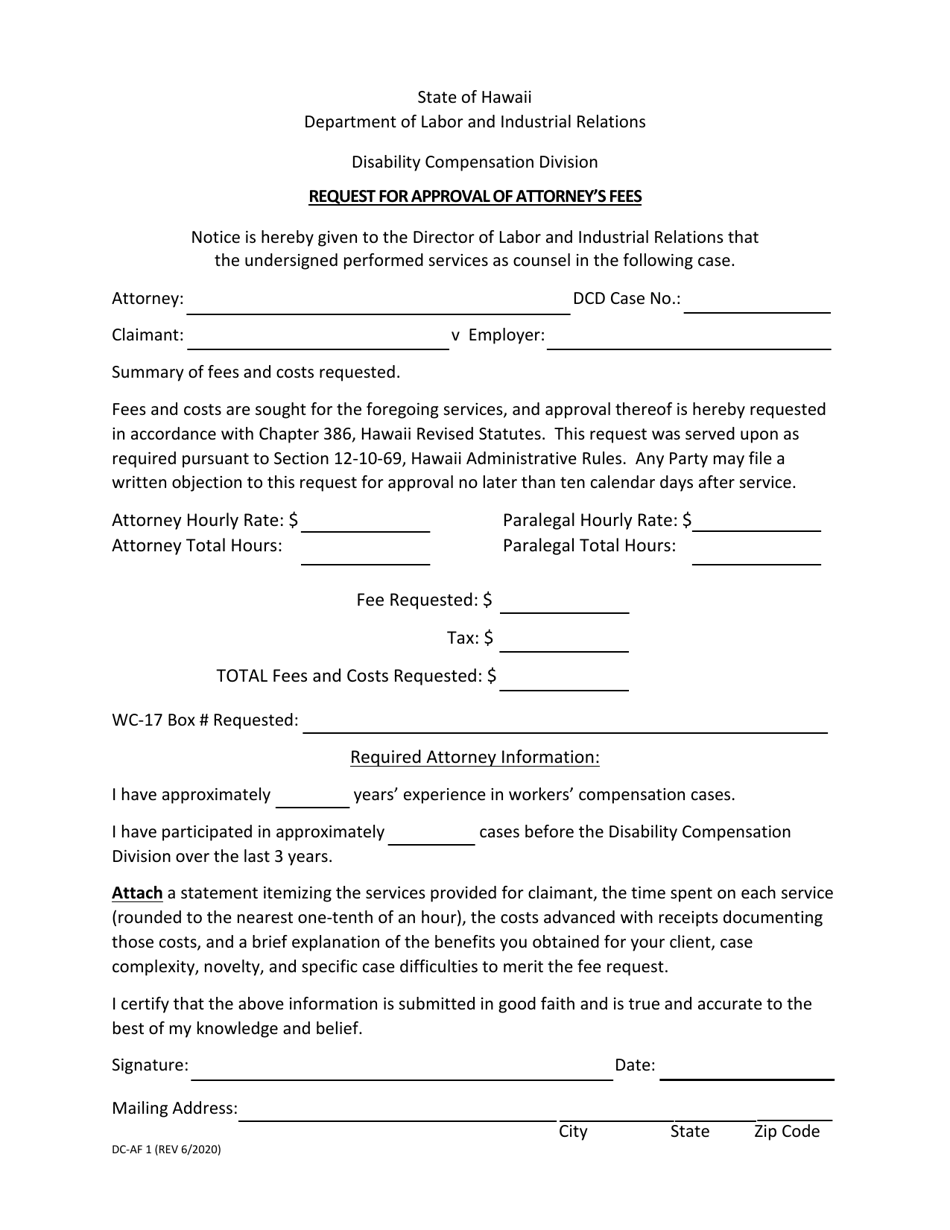 Form DC-AF1 Request for Approval of Attorneys Fees - Hawaii, Page 1