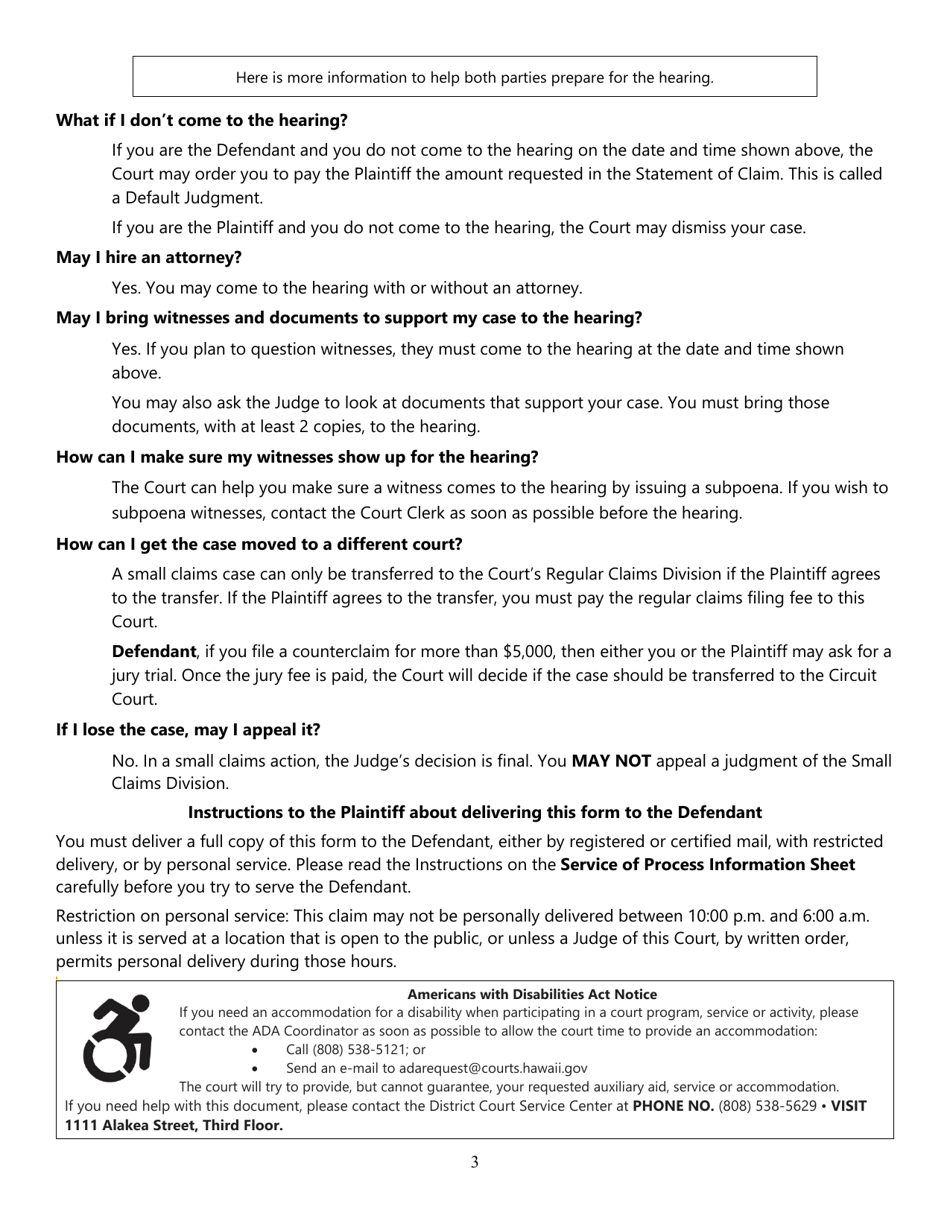 Form 1DC06 Small Claims - General Statement of Claim and Notice - Hawaii, Page 3