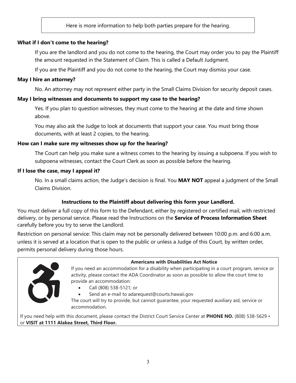 Form 1DC05 Small Claims - Statement of Claim and Notice for Security Deposit Disputes - Hawaii, Page 3