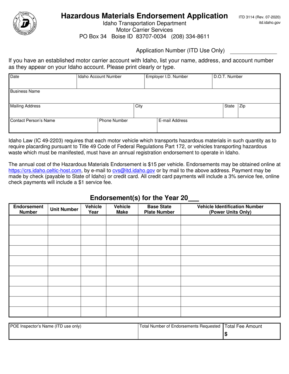 Form ITD3114 Hazardous Materials Endorsement Application - Idaho, Page 1