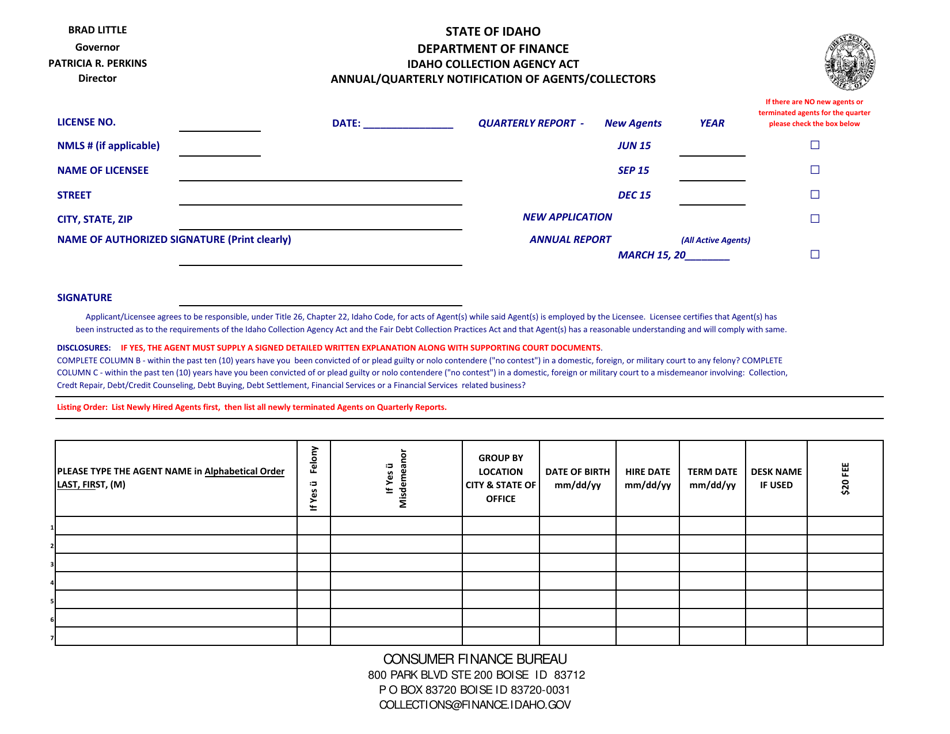Annual / Quarterly Notification of Agents / Collectors - Idaho, Page 2