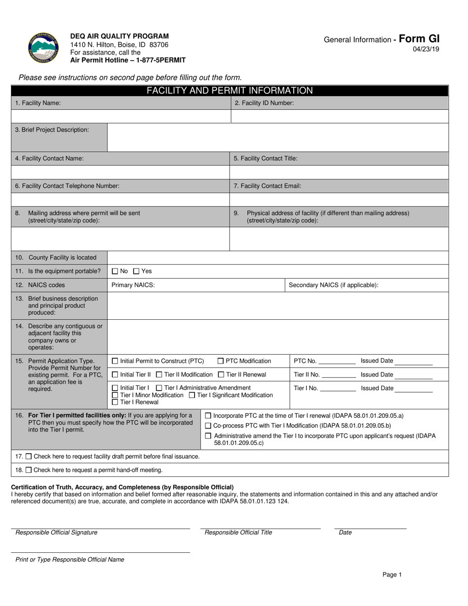 Form GI Facility and Permit Information - Idaho, Page 1
