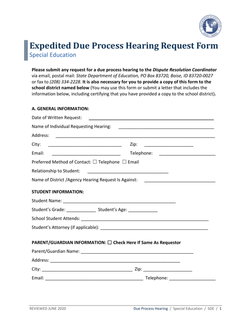Due Process Hearing Request Form - Idaho Download Pdf