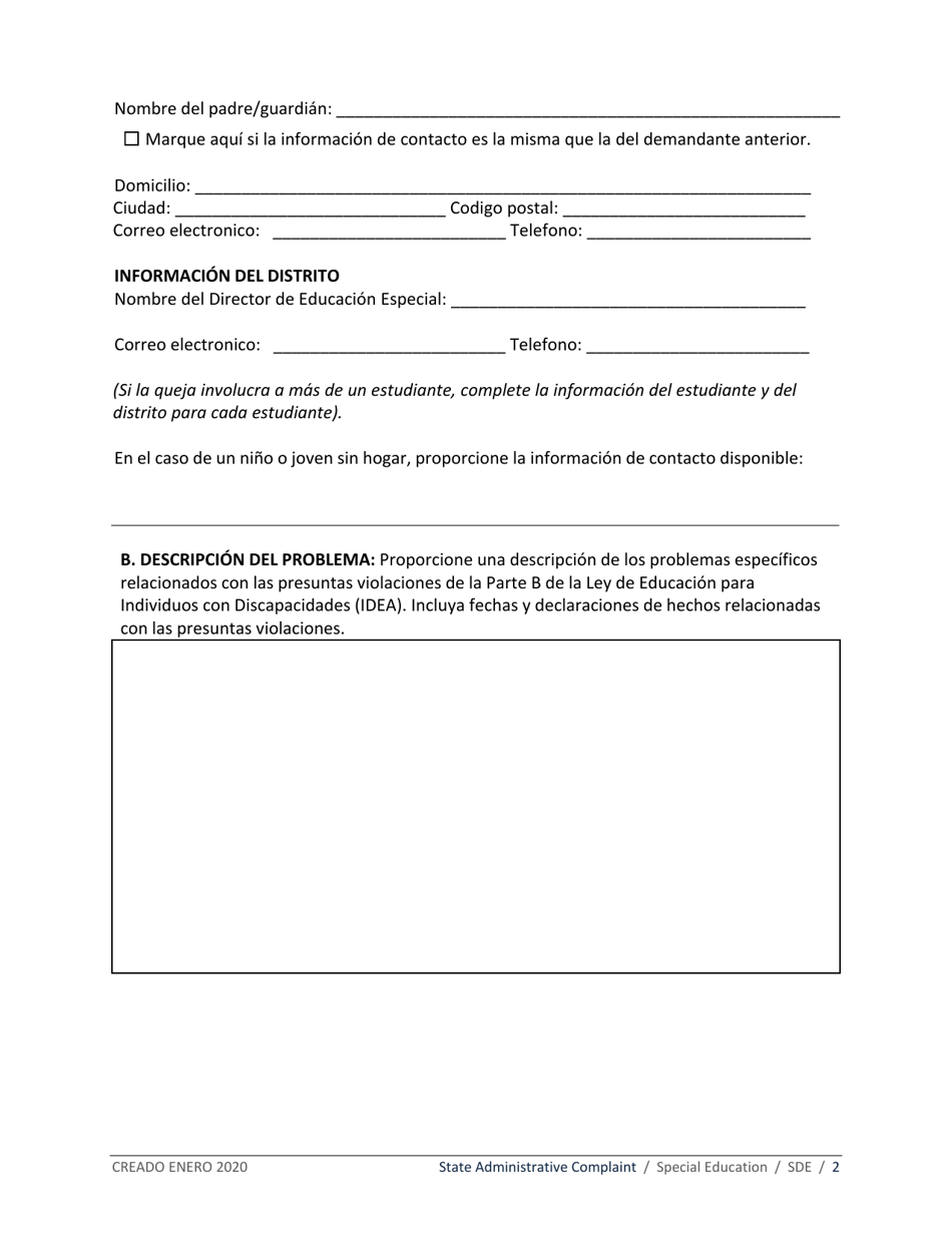 Queja Administrativa Estatal - Idaho (Spanish), Page 2