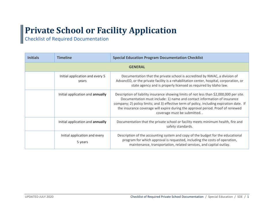 Private School or Facility Application Checklist of Required Documentation - Idaho, Page 1