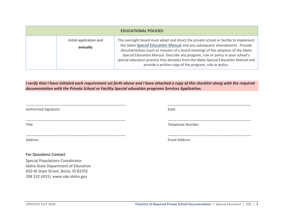 Private School or Facility Application Checklist of Required Documentation - Idaho, Page 3