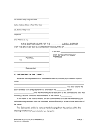 Document preview: Form CAO UD10-1 Writ of Restitution of Premises - Idaho