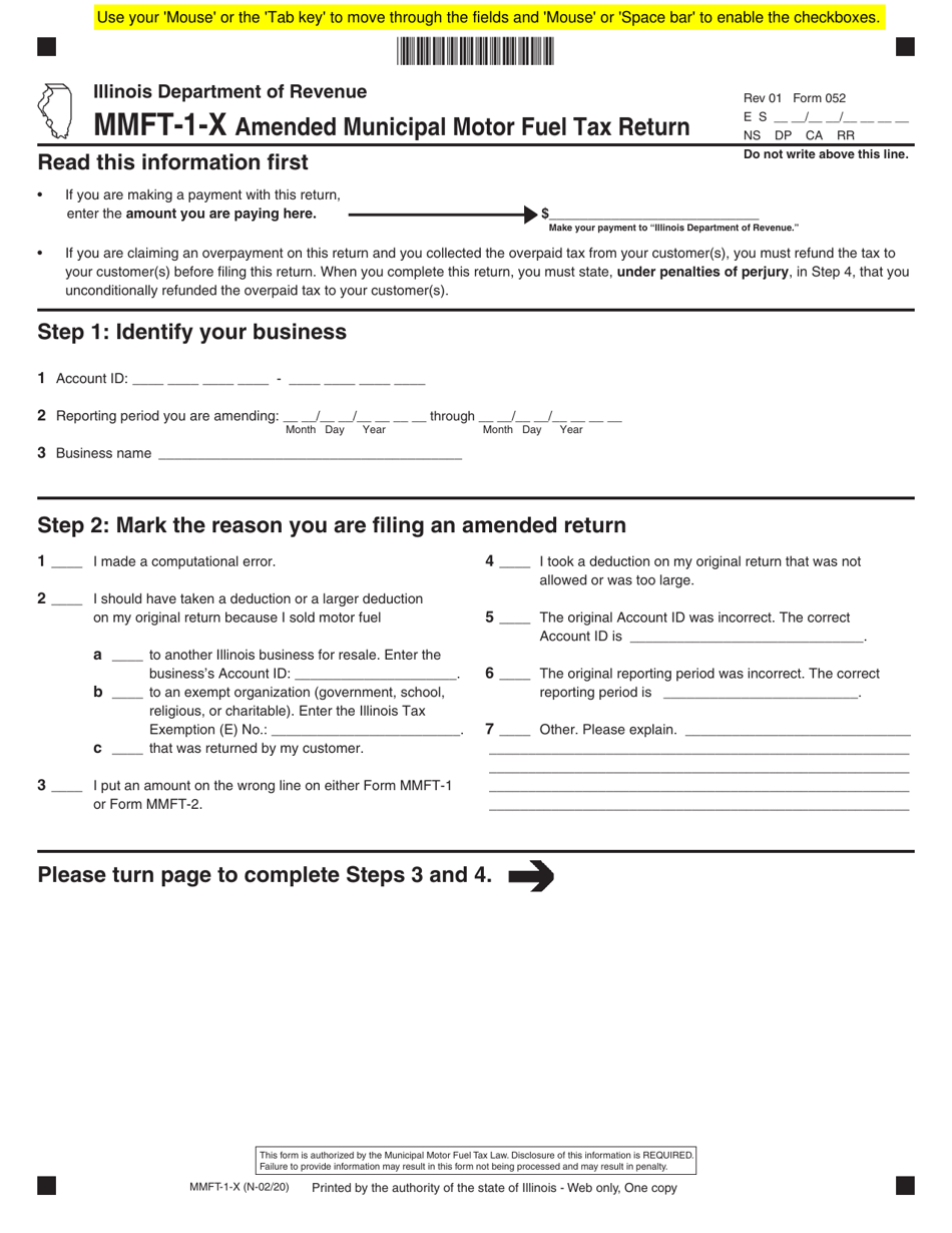 Form MMFT-1-X (052) Amended Municipal Motor Fuel Tax Return - Illinois, Page 1