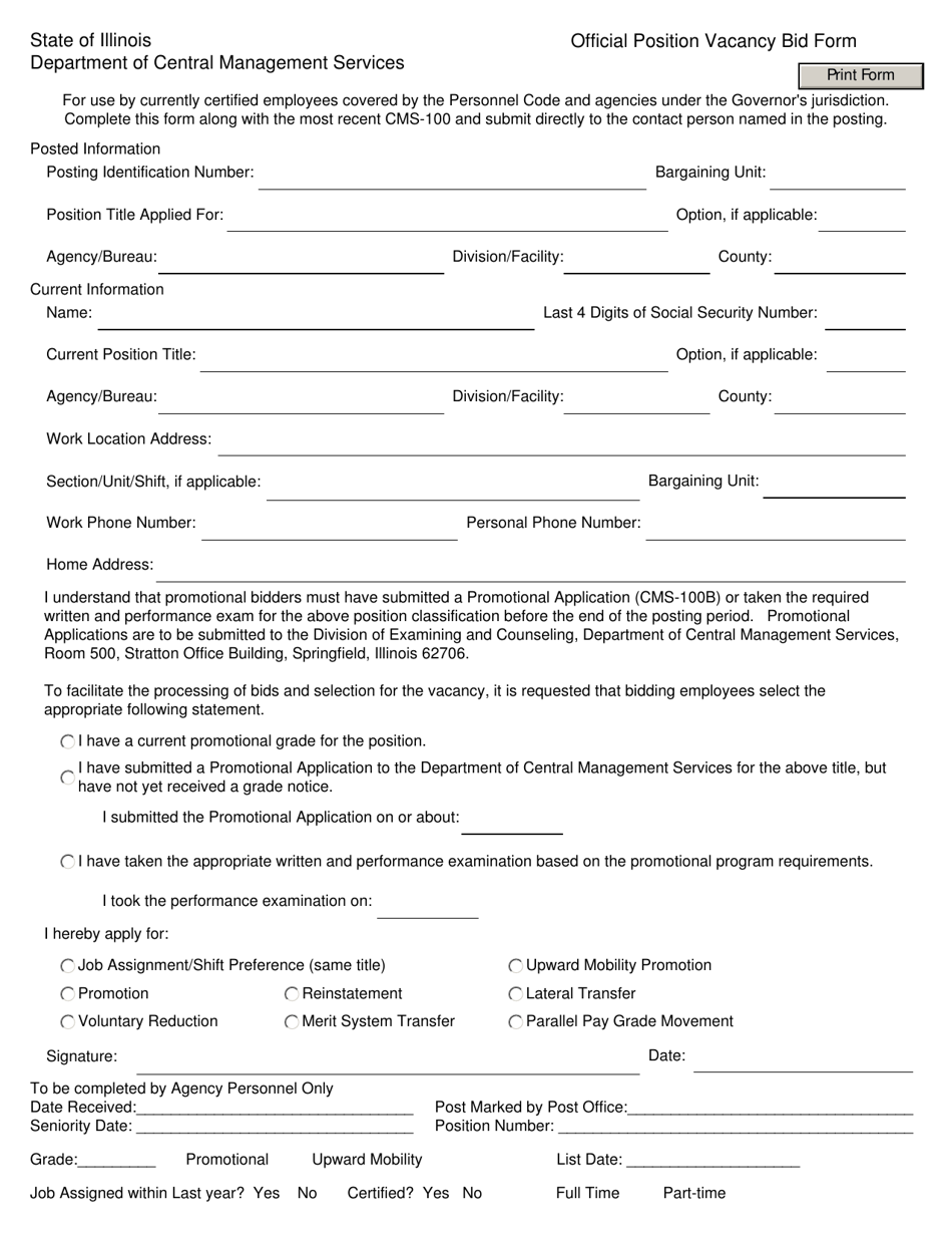 Official Position Vacancy Bid Form - Illinois, Page 1