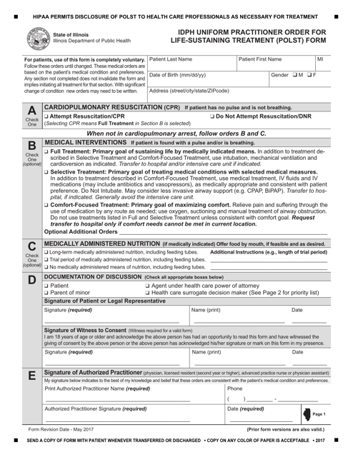 Idph Uniform Practitioner Order for Life-Sustaining Treatment (Polst) Form - Illinois Download Pdf