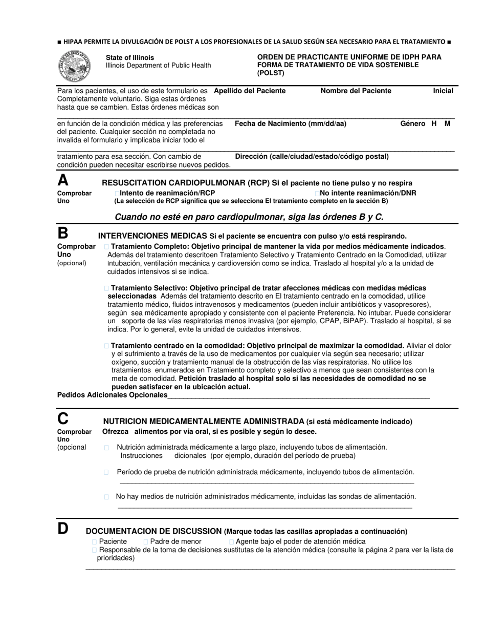 Orden De Practicante Uniforme De Idph Para Forma De Tratamiento De Vida Sostenible (Polst) - Illinois (Spanish), Page 1