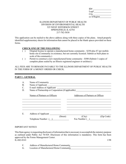 Application for Manufactured Home Community - Illinois Download Pdf
