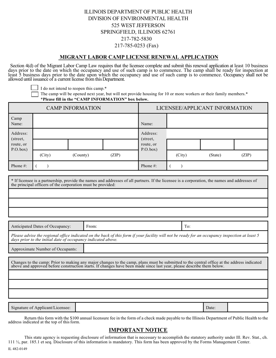 Form IL482-0149 Migrant Labor Camp License Renewal Application - Illinois, Page 1