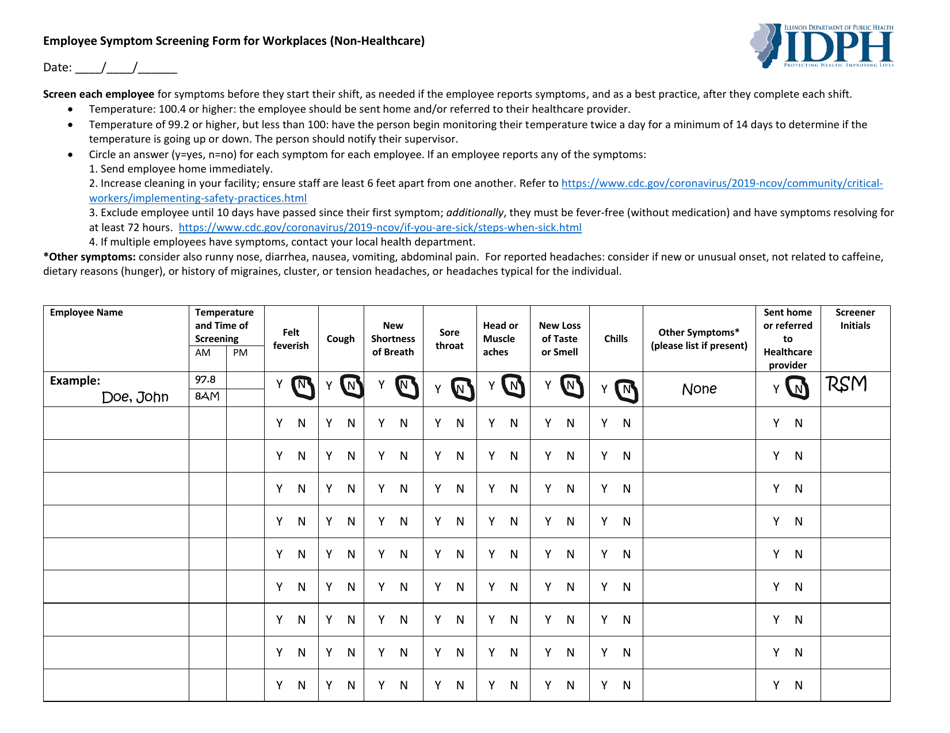 Employee Symptom Screening Form for Workplaces (Non-healthcare) - Illinois, Page 1