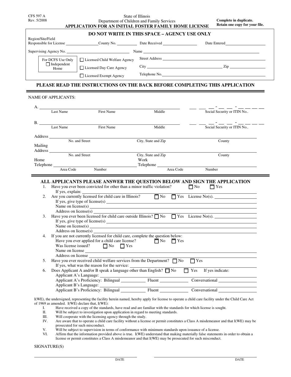 Form CFS597 A Application for an Initial Foster Family Home License - Illinois, Page 1
