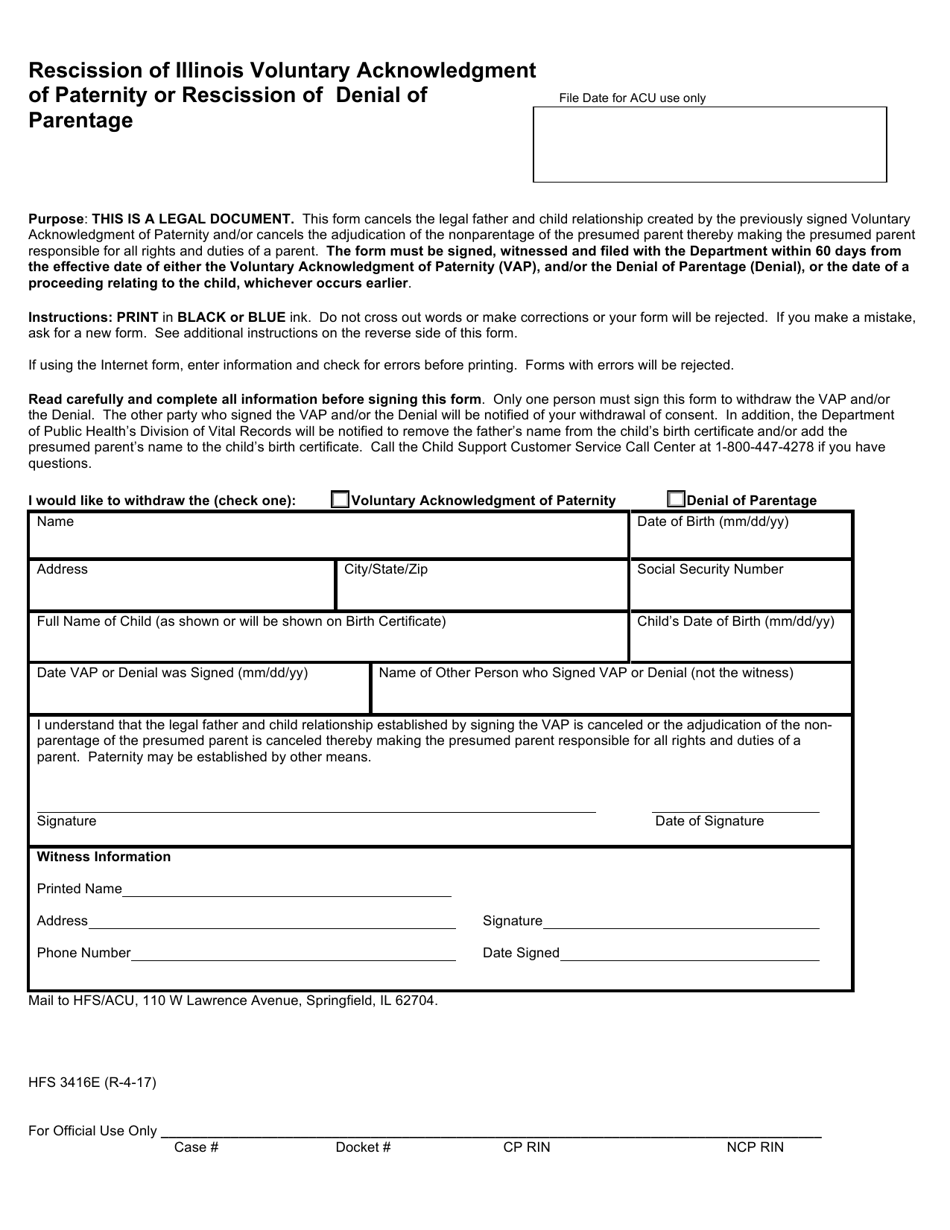 Form HFS3416E Rescission of Illinois Voluntary Acknowledgment of Paternity or Rescission of Denial of Parentage - Illinois (English / Spanish), Page 1