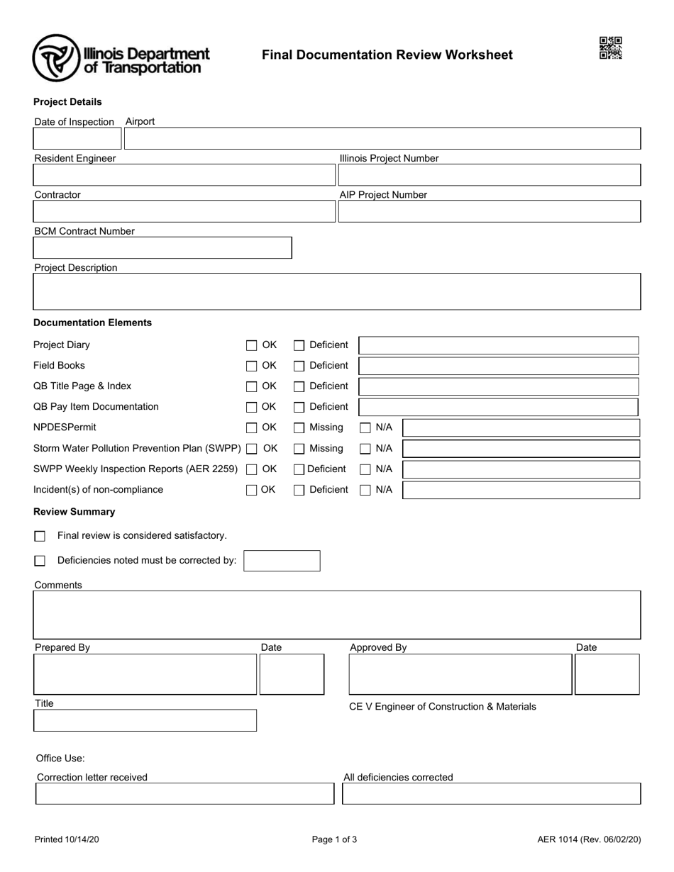 Form AER1014 Final Documentation Review Worksheet - Illinois, Page 1