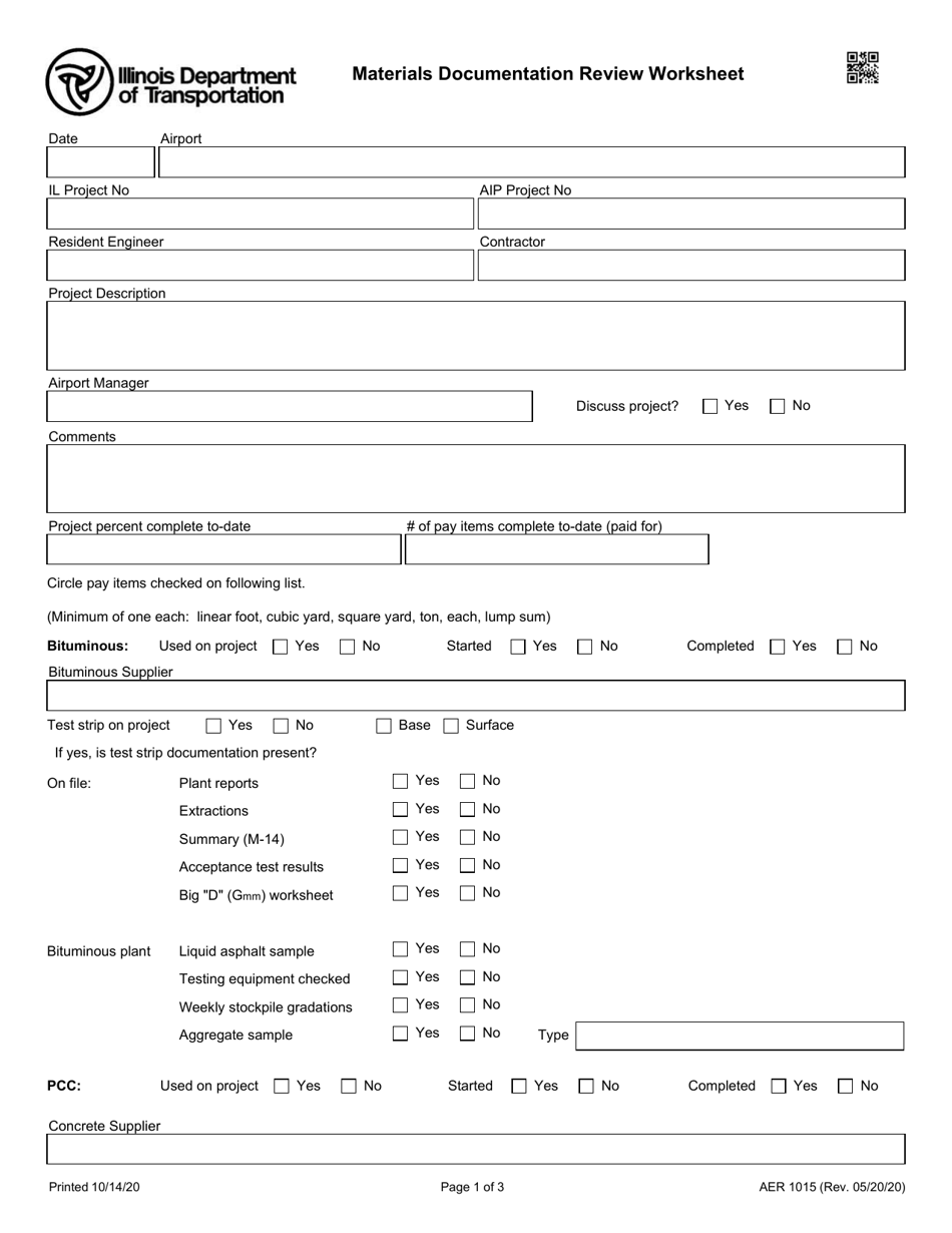 Form AER1015 Materials Documentation Review Worksheet - Illinois, Page 1