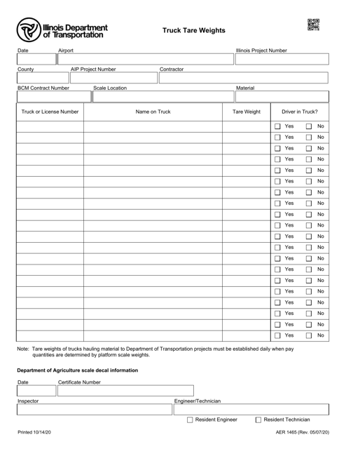 Form AER1465 Truck Tare Weights - Illinois