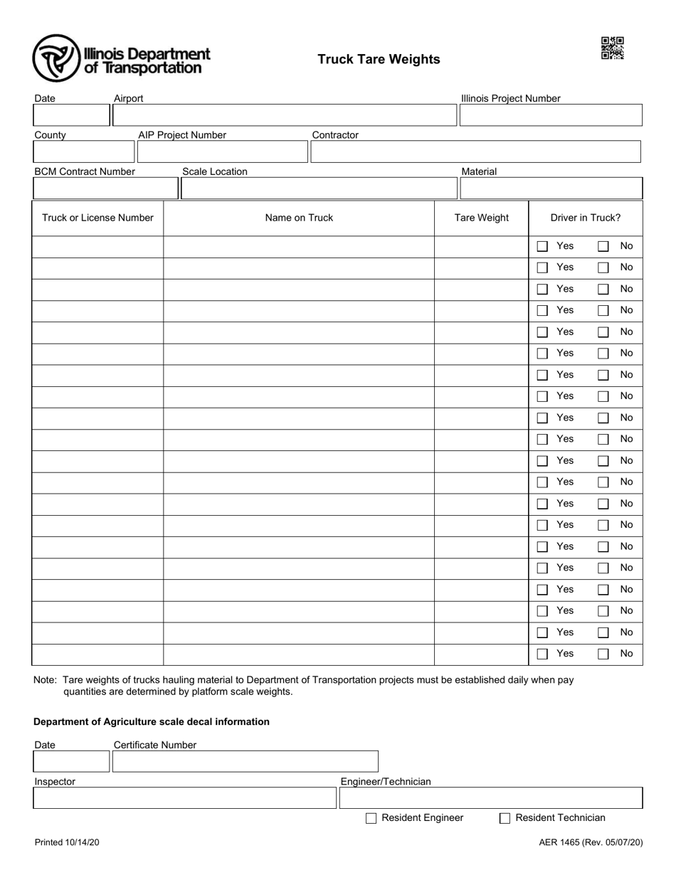 Form AER1465 Truck Tare Weights - Illinois, Page 1