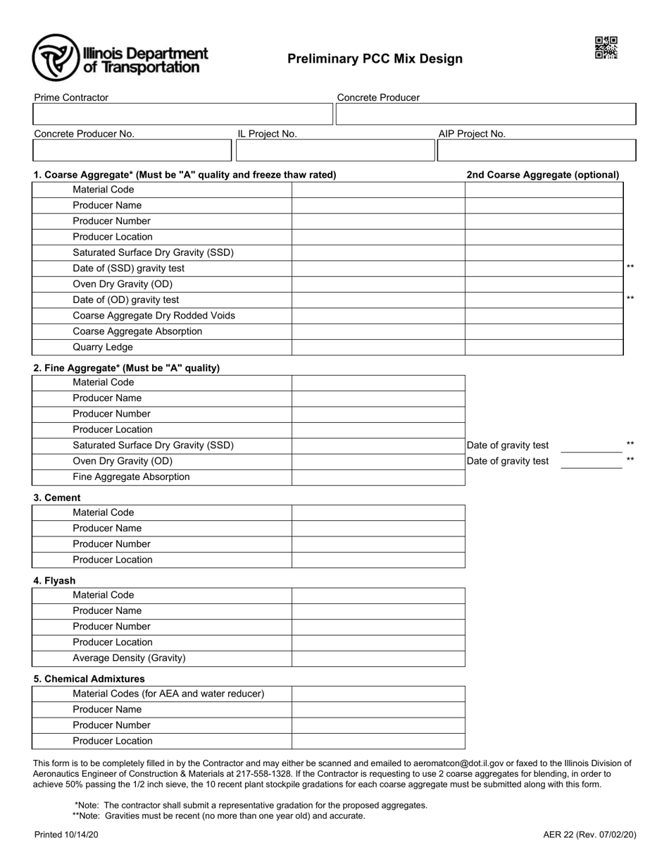 Form AER22 Preliminary Pcc Mix Design - Illinois, Page 1