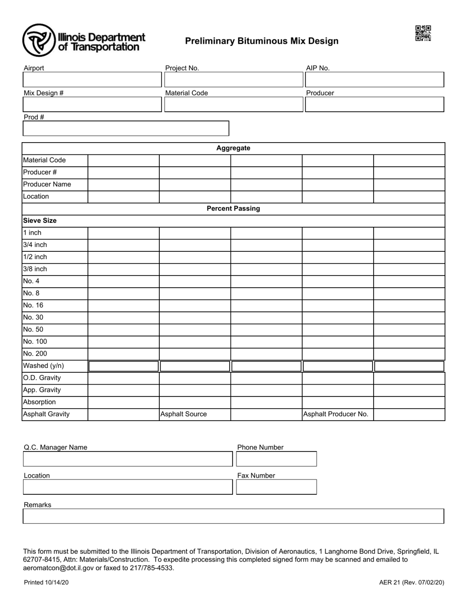 Form AER21 Preliminary Bituminous Mix Design - Illinois, Page 1