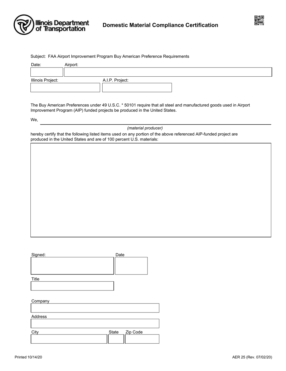 Form AER25 Domestic Material Compliance Certification - Illinois, Page 1