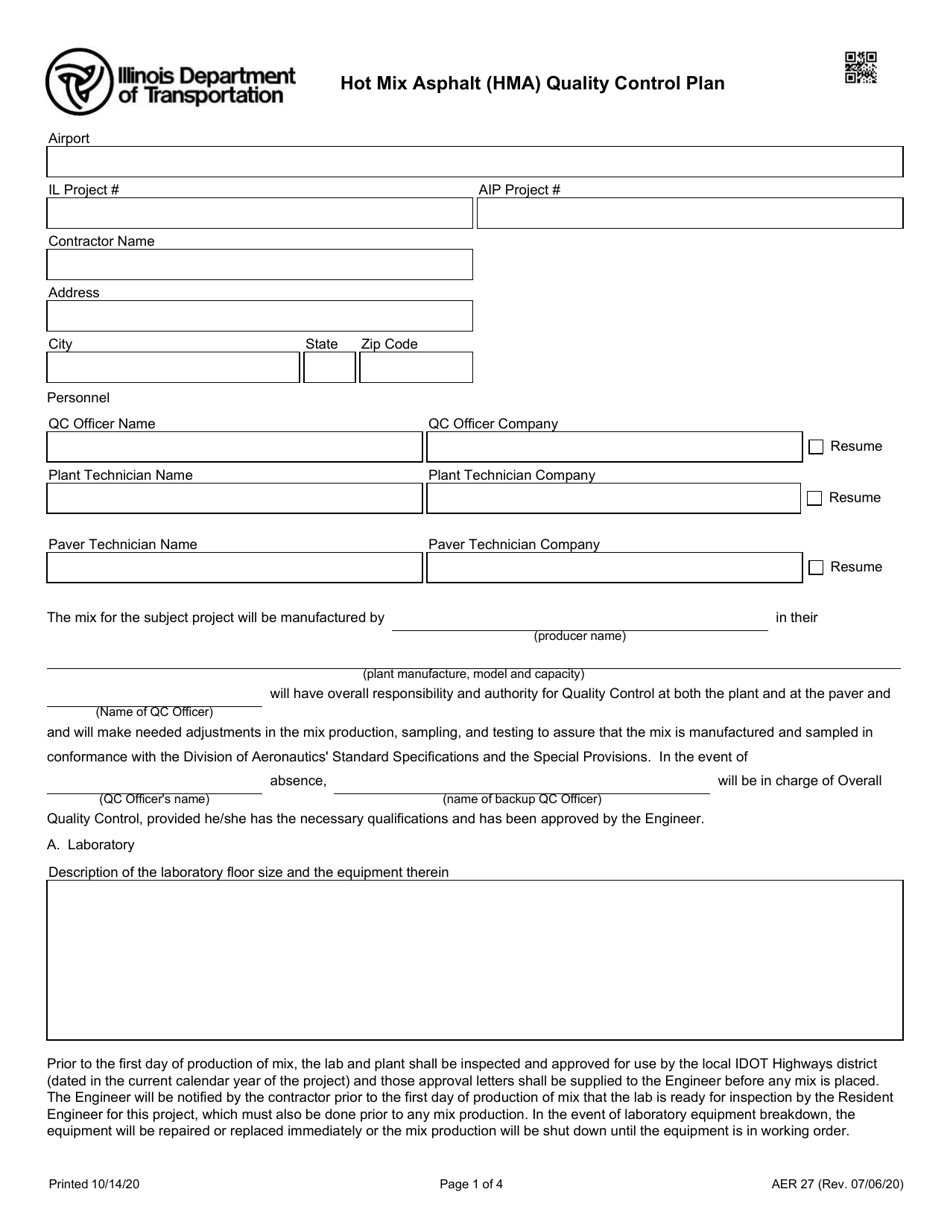 Form AER27 Hot Mix Asphalt (Hma) Quality Control Plan - Illinois, Page 1