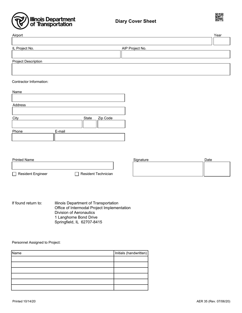 Form AER35 Diary Cover Sheet - Illinois, Page 1