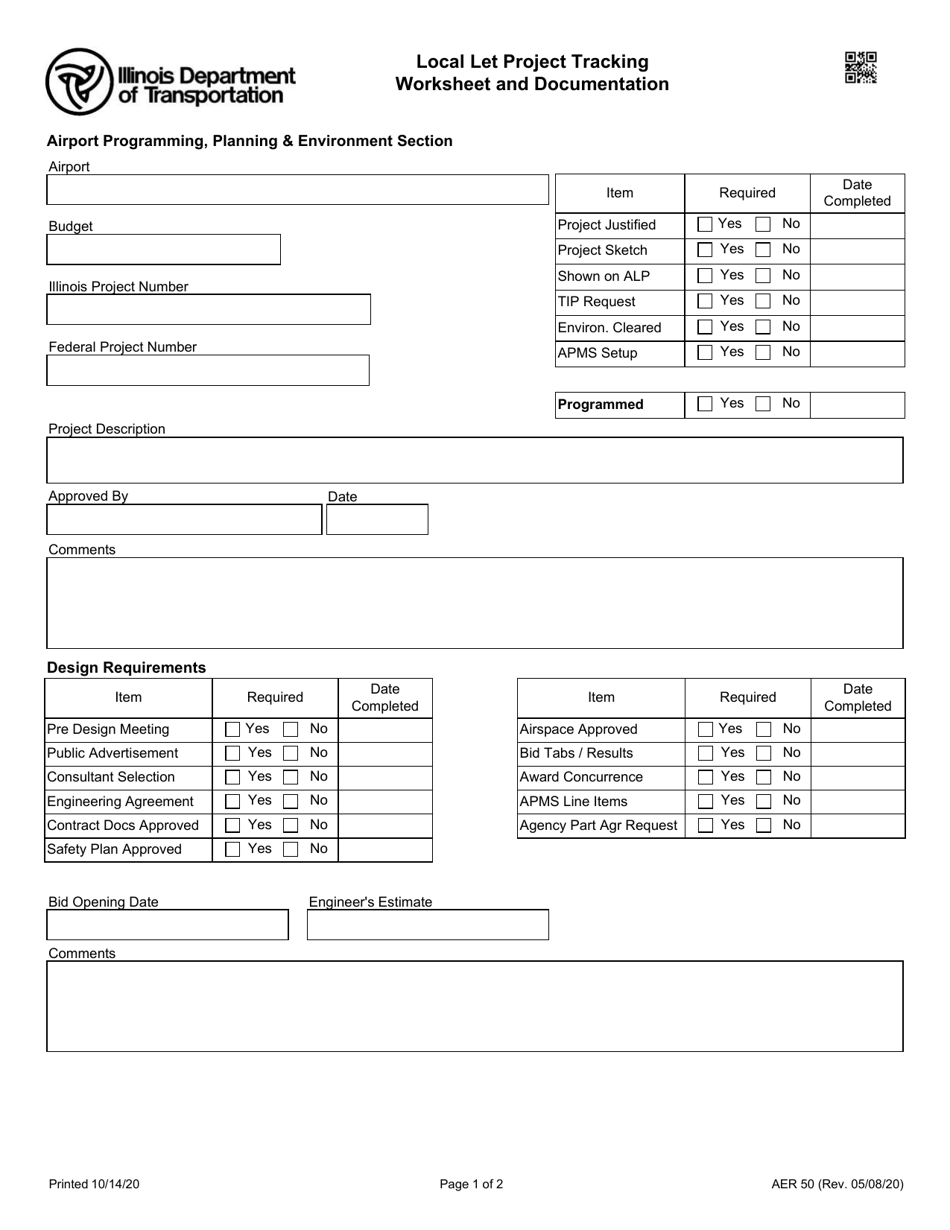 Form AER50 Local Let Project Tracking Worksheet and Documentation - Illinois, Page 1
