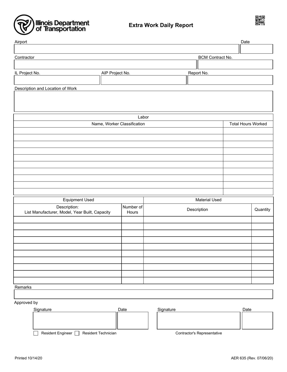 Form AER635 Extra Work Daily Report - Illinois, Page 1