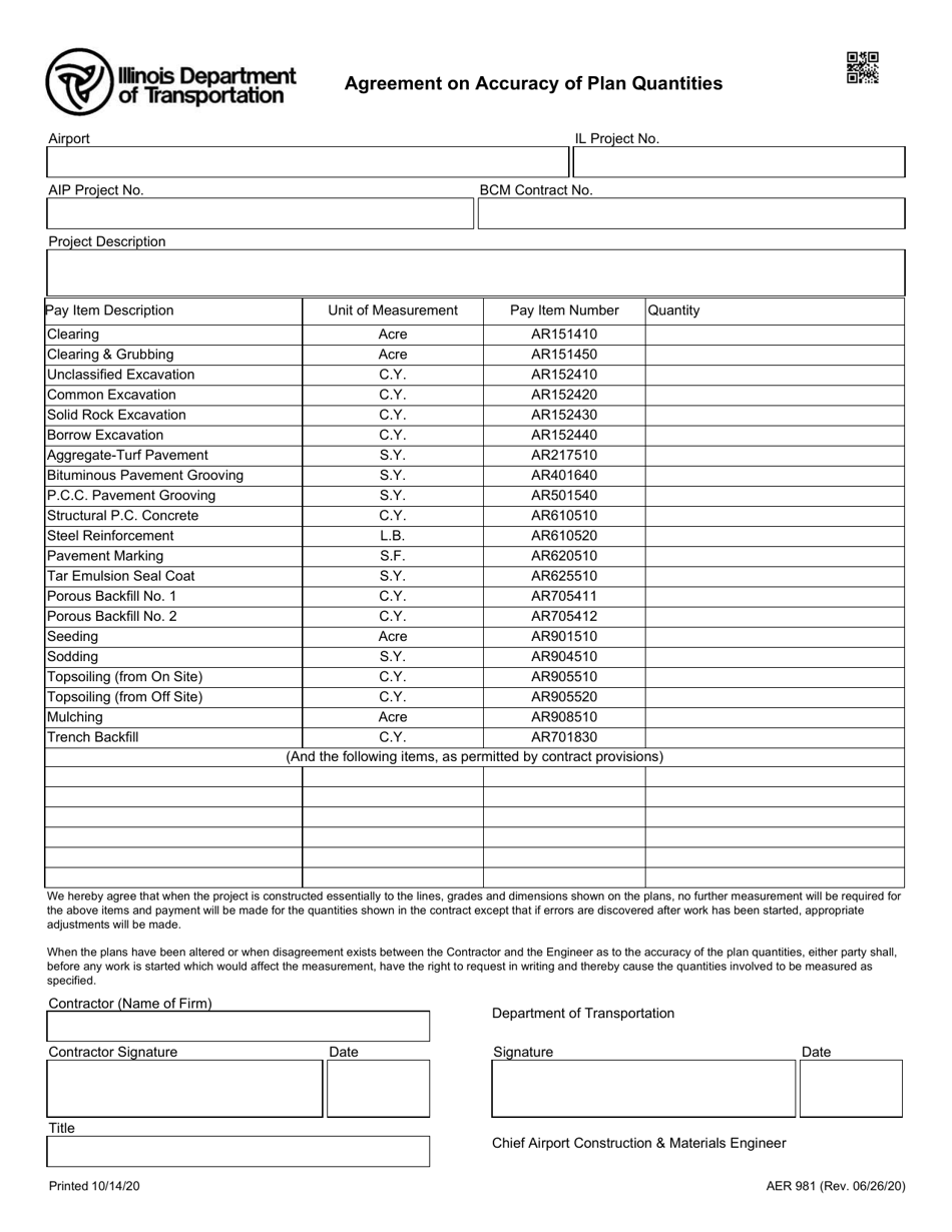 Form AER981 Agreement on Accuracy of Plan Quantities - Illinois, Page 1