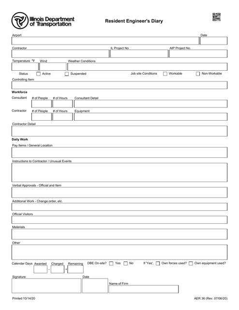 Form AER36 Resident Engineer's Diary - Illinois