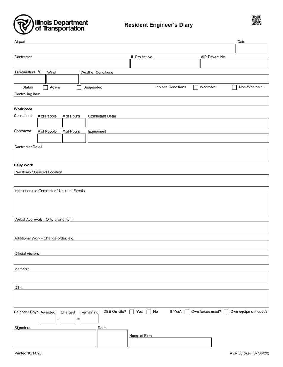 Form AER36 Resident Engineers Diary - Illinois, Page 1