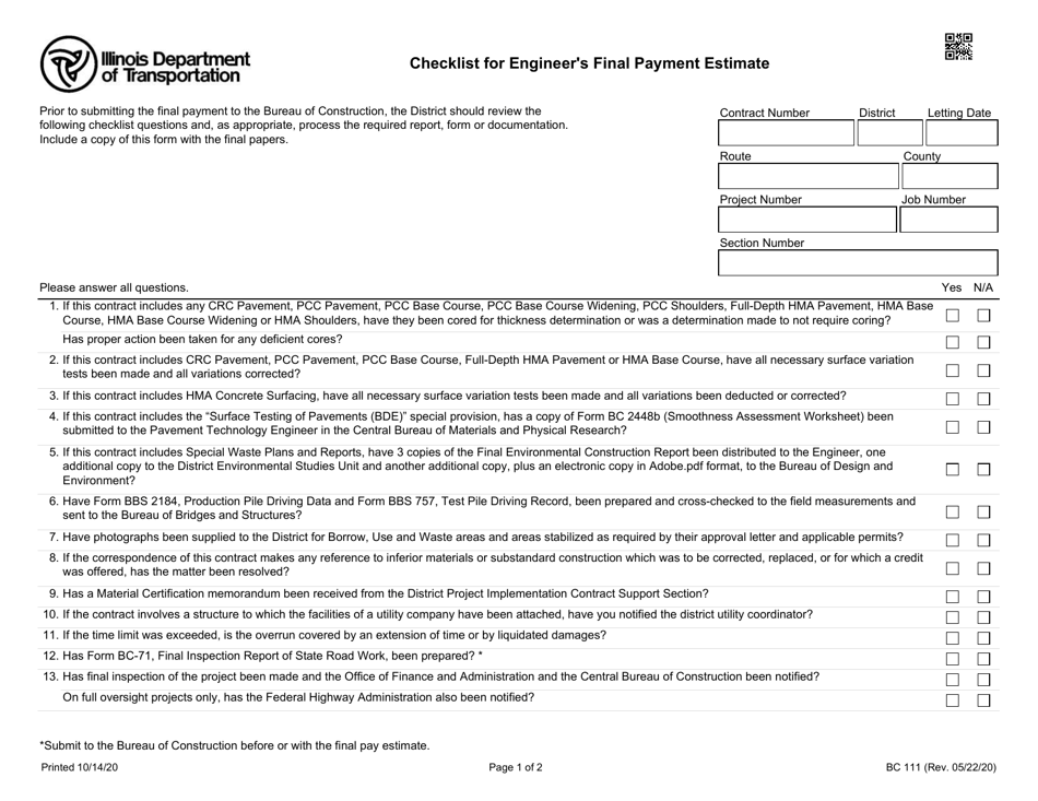 Form BC111 Checklist for Engineers Final Payment Estimate - Illinois, Page 1