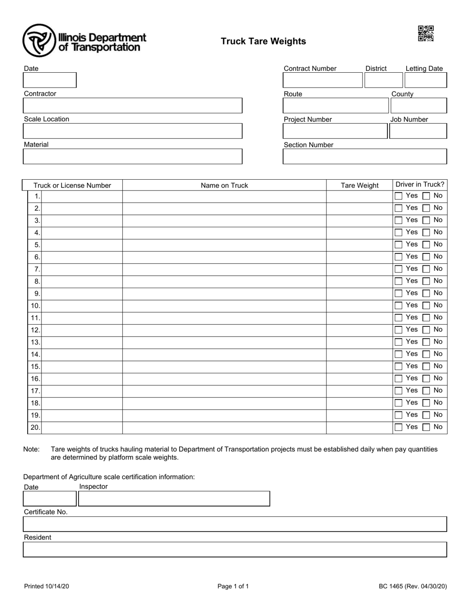 Form BC1465 Truck Tare Weights - Illinois, Page 1