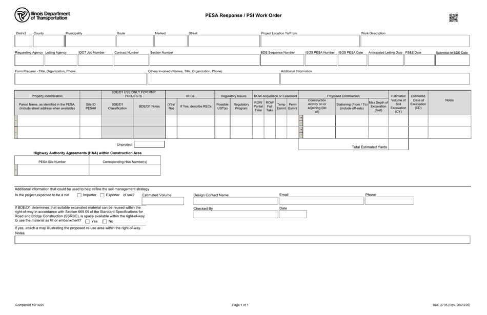 Form BDE2735 Pesa Response / Psi Work Order - Illinois, Page 1