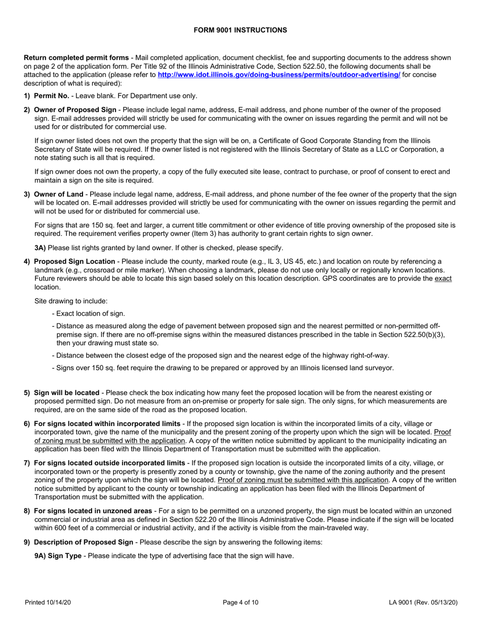 Form LA9001 Application for Outdoor Advertising Permit Business Area Sign - Primary Highway - Illinois, Page 4