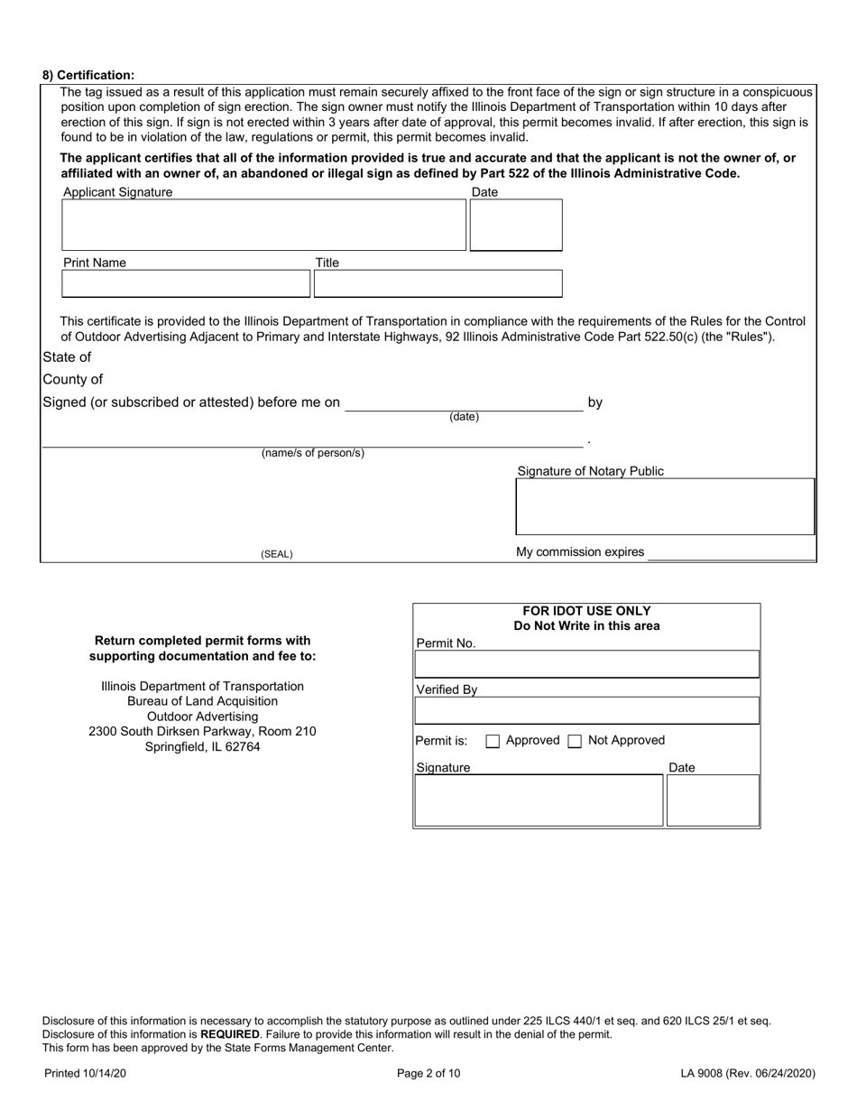 Form LA9008 Request for Approval of Directional Sign, Official Sign, or Official Notice - Illinois, Page 2