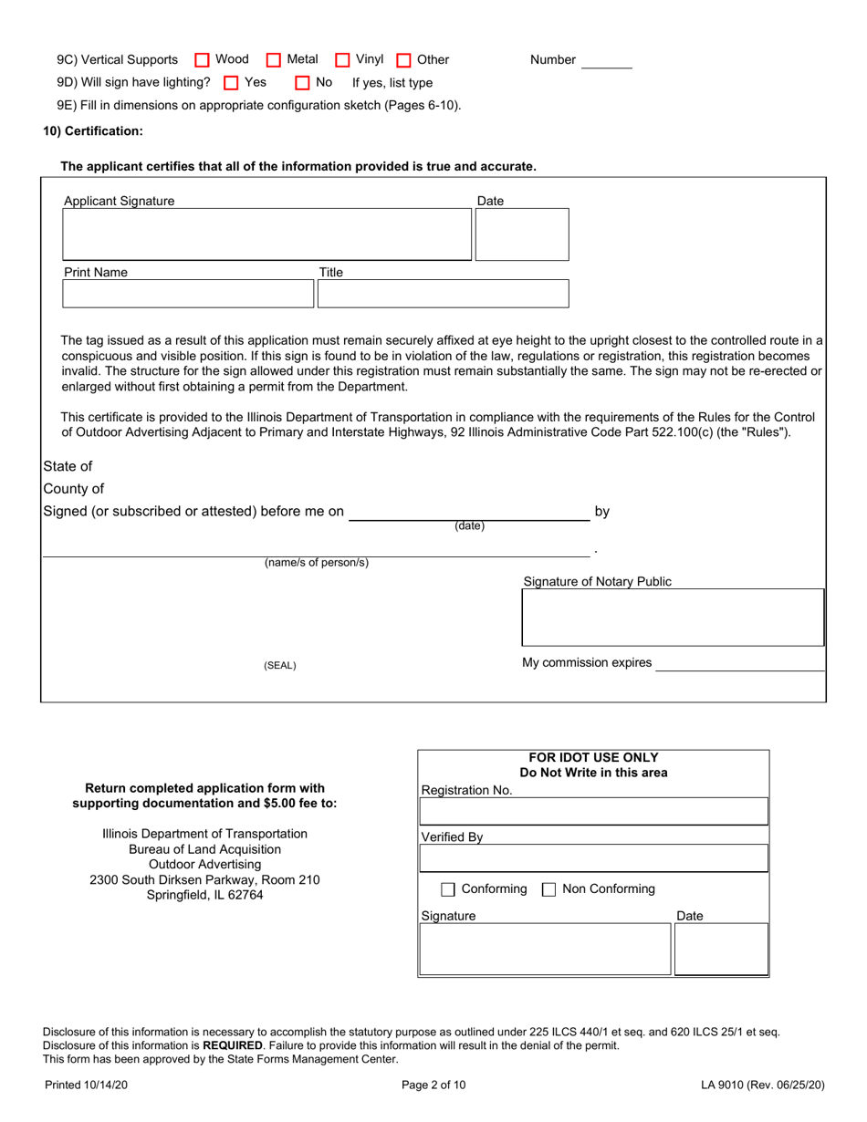 Form LA9010 Application for Outdoor Advertising Registration - Illinois, Page 2