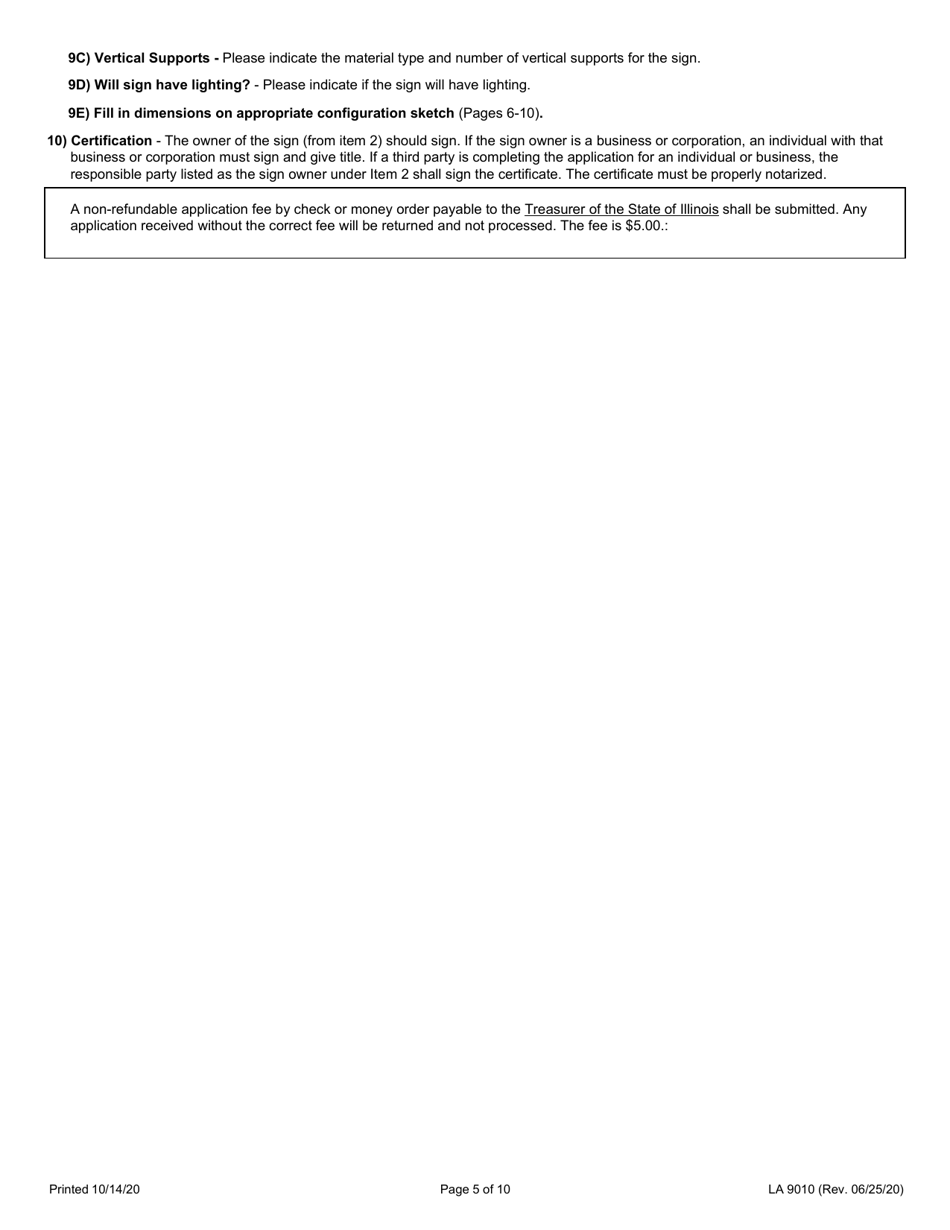 Form LA9010 Application for Outdoor Advertising Registration - Illinois, Page 5