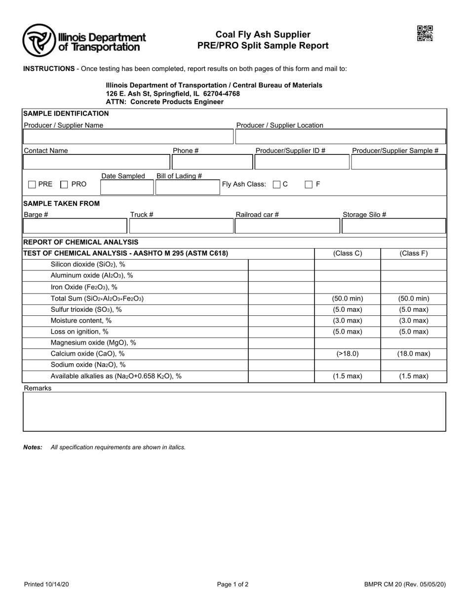 Form BMPR CM20 Coal Fly Ash Supplier Pre / Pro Split Sample Test Report - Illinois, Page 1
