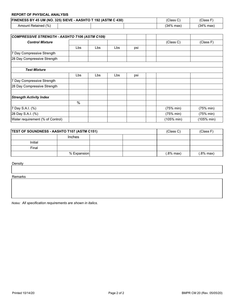Form BMPR CM20 Coal Fly Ash Supplier Pre / Pro Split Sample Test Report - Illinois, Page 2