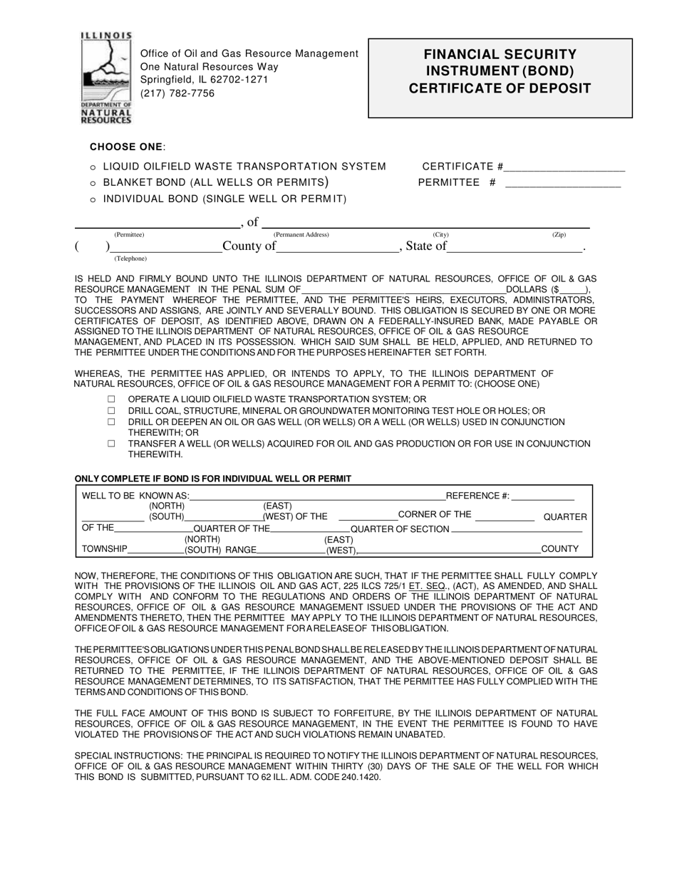 Form IL472-0282 Financial Security Instrument (Bond) Certificate of Deposit - Illinois, Page 1