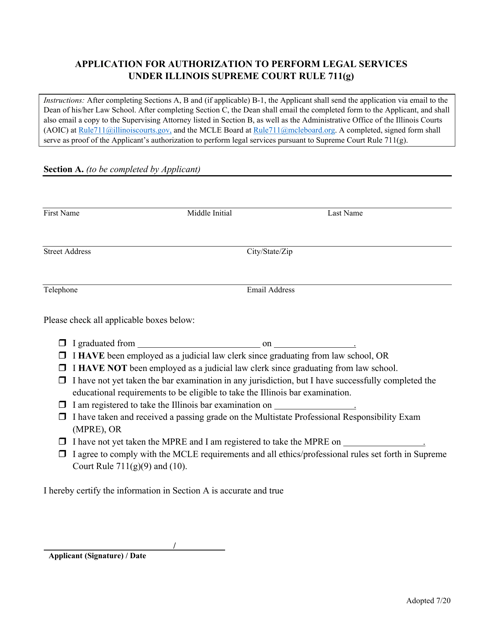 Application for Authorization to Perform Legal Services Under Illinois Supreme Court Rule 711(G) - Illinois