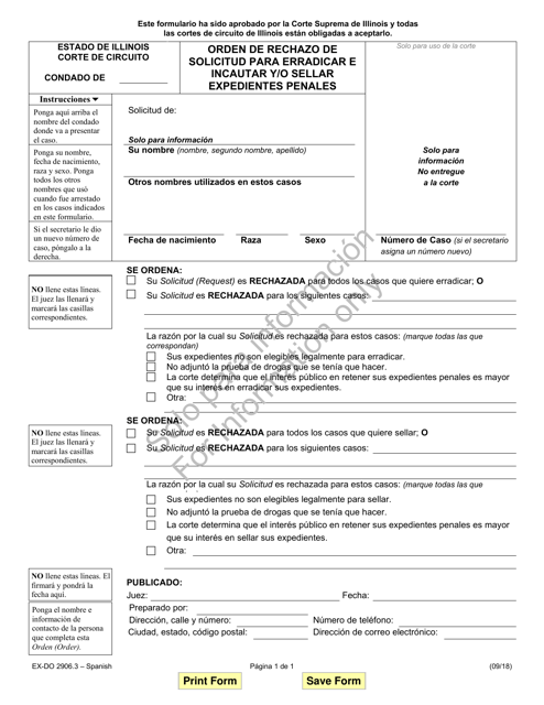 Formulario EX-DO2906.3 Orden De Rechazo De Solicitud Para Erradicar E Incautar Y/O Sellar Expedientes Penales - Illinois (Spanish)