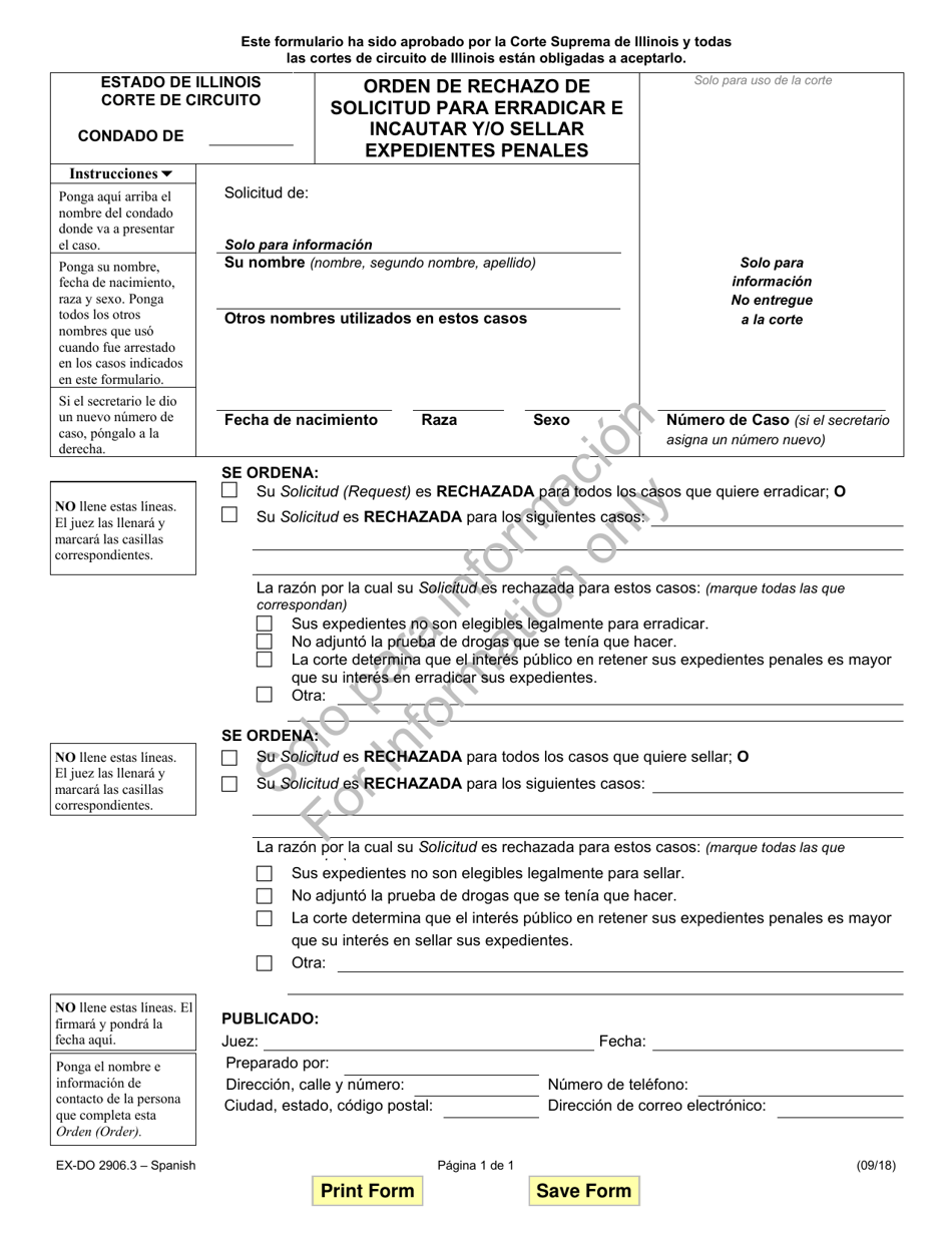 Formulario EX-DO2906.3 Orden De Rechazo De Solicitud Para Erradicar E Incautar Y / O Sellar Expedientes Penales - Illinois (Spanish), Page 1