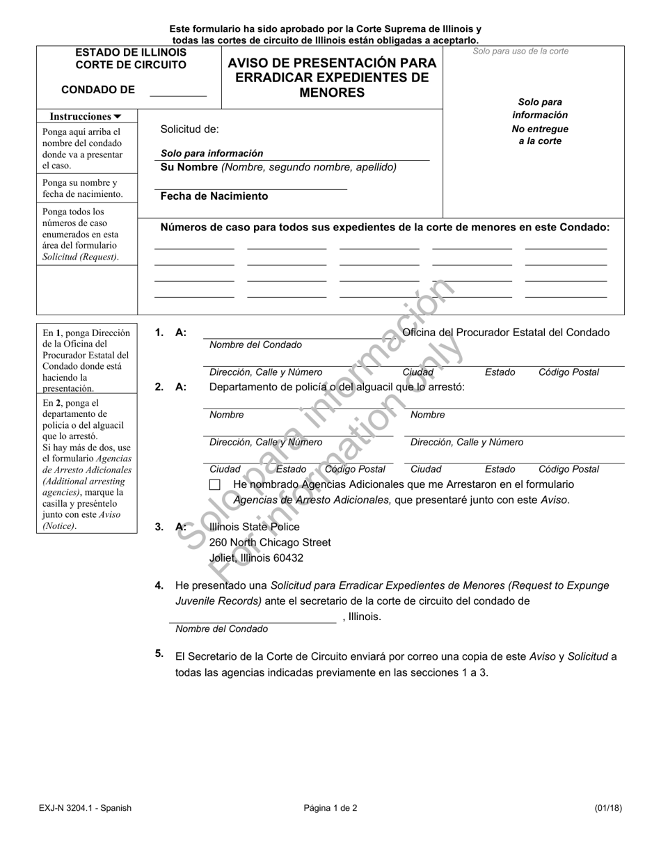 Formulario EXJ-N3204.1 Aviso De Presentacion Para Erradicar Expedientes De Menores - Illinois (Spanish), Page 1