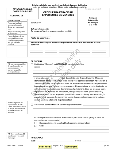 Formulario EXJ-O3205.1 Orden Para Erradicar Expedientes De Menores - Illinois (Spanish)